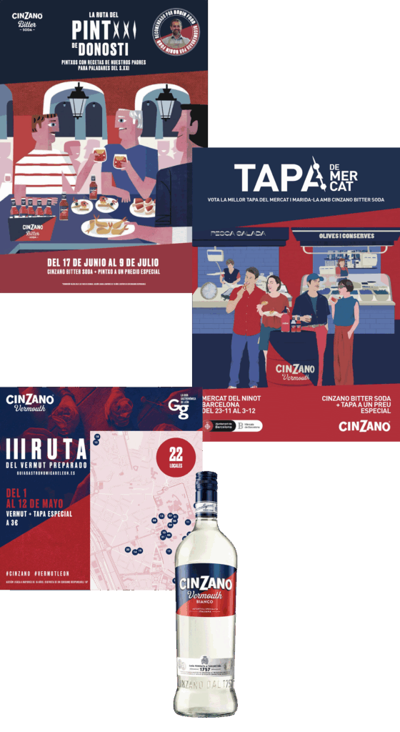 Campaña de Cinzano con anuncios gráficos en diferentes formatos, creada por La Buena. Promocionando eventos y ofertas especiales con el vermut Cinzano y su producto Bitter Soda.